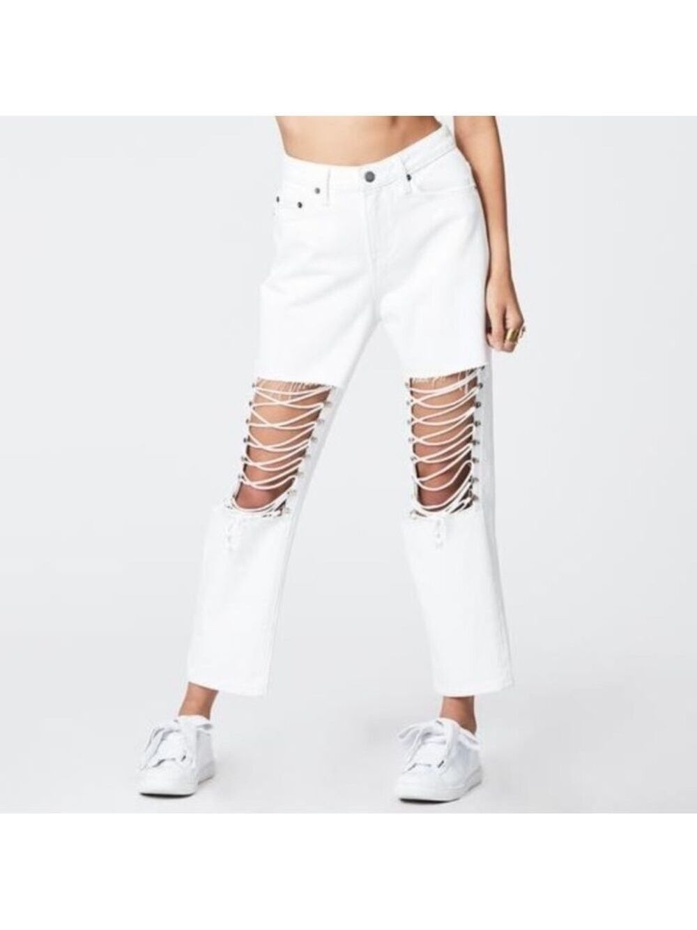 Lf Carmar White High Waisted Hermia Loose Straight Crop Lace Up Front Jeans